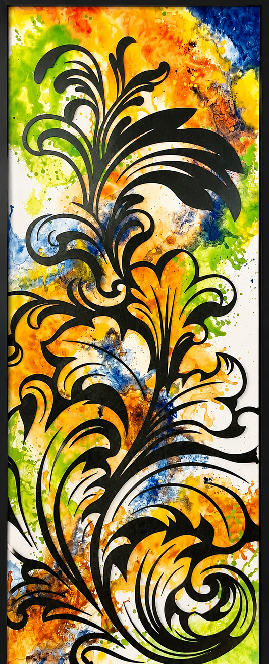 A framed abstract art print featuring bold black ornamental flourishes over a vibrant watercolor background of yellow, orange, green, and blue.